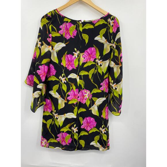 Milly Dress Flutter Sleeve Lilly Floral 100% Silk Black Pink Mini Size 0 New - Picture 6 of 7